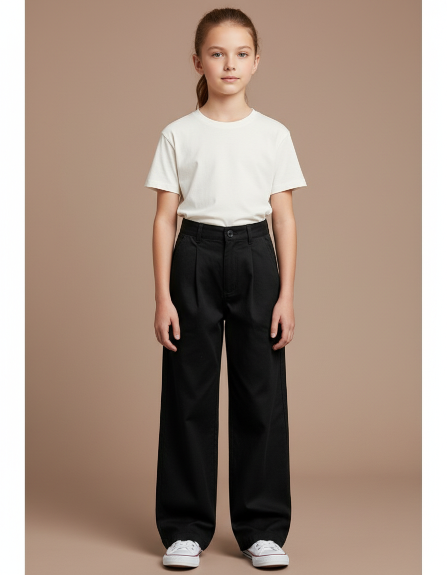Pantalon Chino Noir Ample Droit Taille Haute Enfant - Gabardine