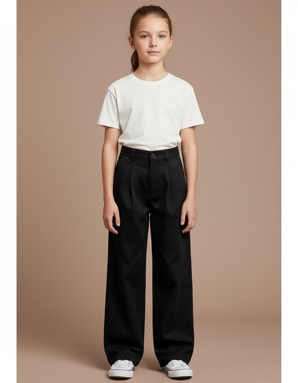 Pantalon Chino Noir Ample Droit Taille Haute Enfant - Gabardine