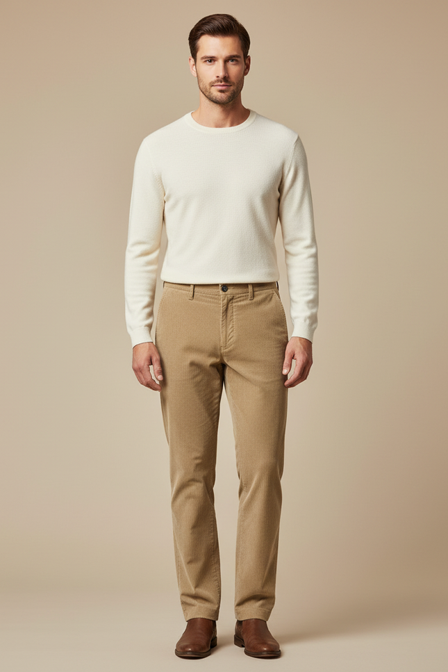 Pantalon Chino Beige Côtelé Droit Classique Homme - Cordé