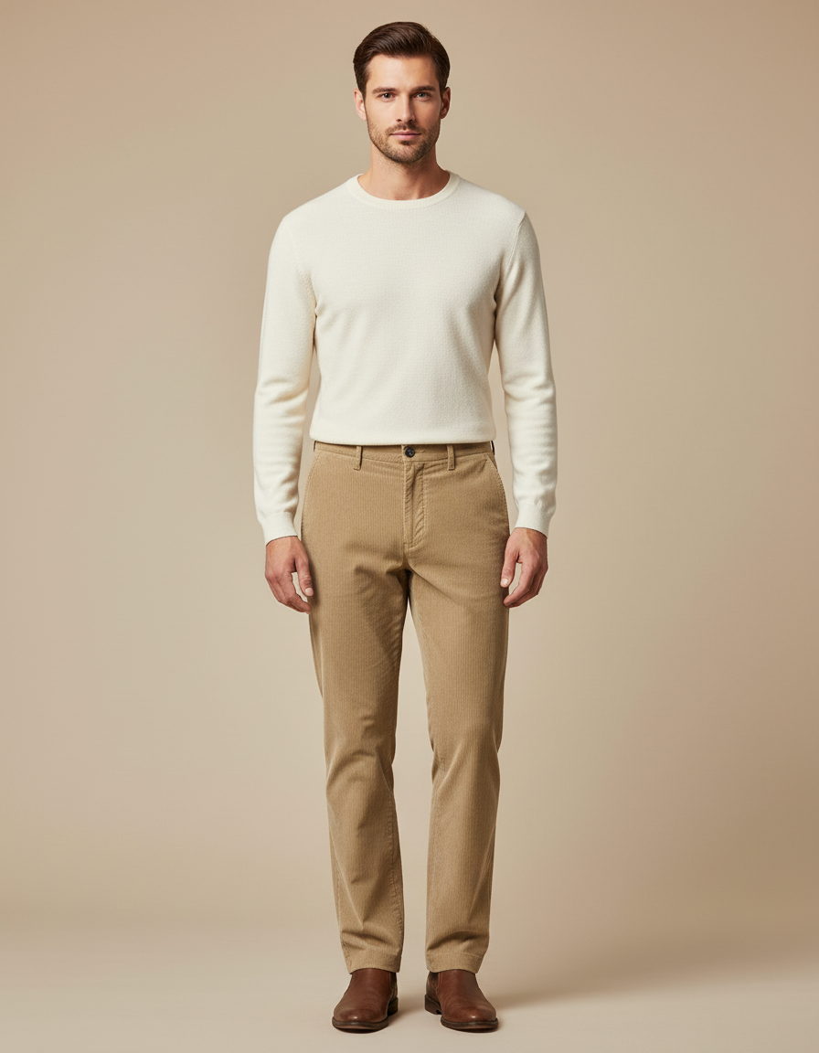 Pantalon Chino Beige Côtelé Droit Classique Homme - Cordé