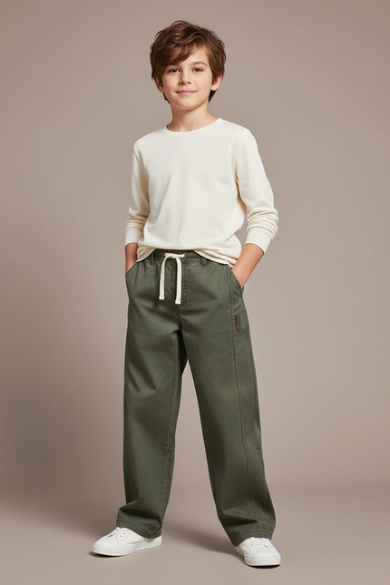 Pantalon Chino Vert Kaki Ample Coton Enfant