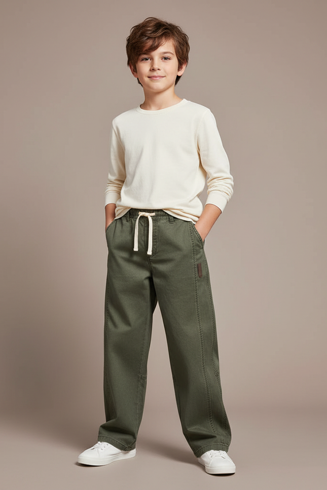 Pantalon Chino Vert Kaki Ample Coton Enfant