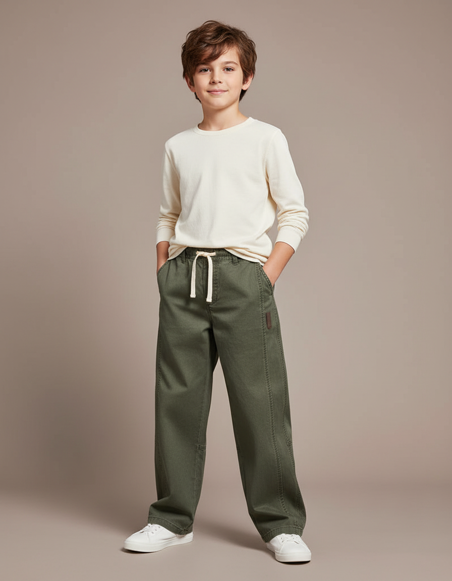 Pantalon Chino Vert Kaki Ample Coton Enfant