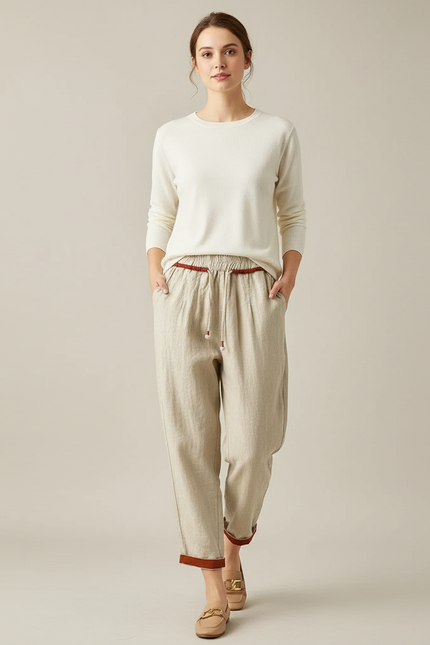 Pantalon Chino Beige Ample Coton Lin Décontracté