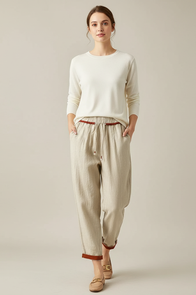 Pantalon Chino Beige Ample Coton Lin Décontracté