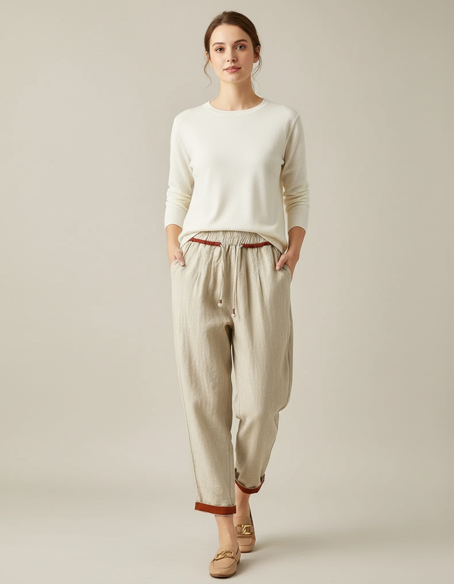 Pantalon Chino Beige Ample Coton Lin Décontracté