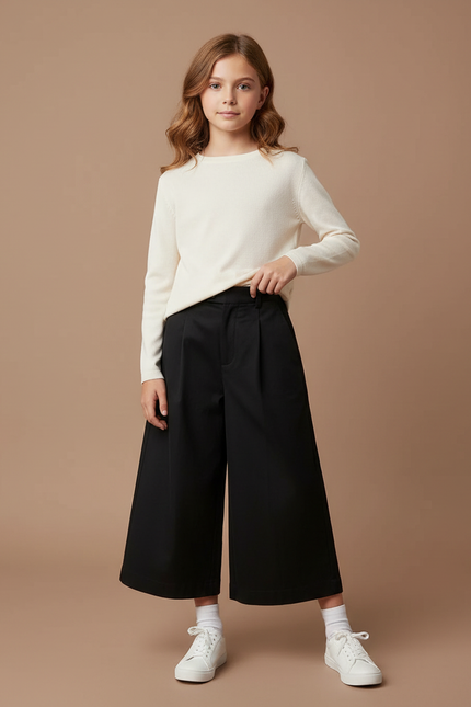 Pantalon Chino Noir Ample Plissé Fille Élégant - Gabardine