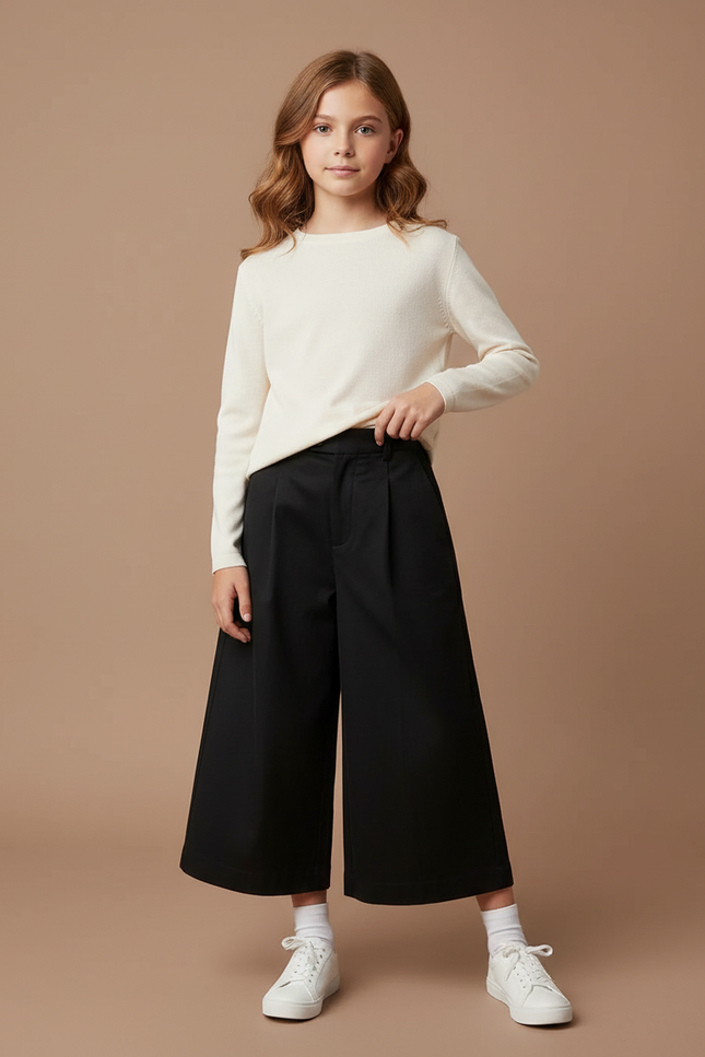 Pantalon Chino Noir Ample Plissé Fille Élégant - Gabardine