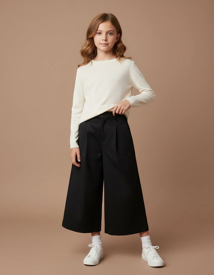 Pantalon Chino Noir Ample Plissé Fille Élégant - Gabardine