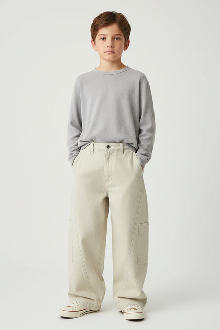 Pantalon Chino Beige Ample Décontracté Garçon - Coton