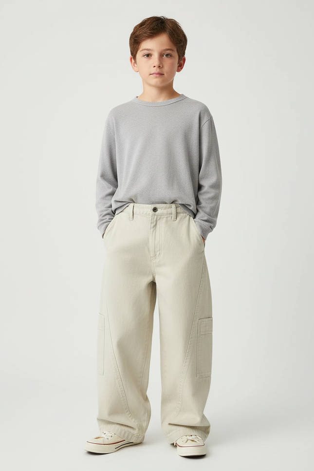 Pantalon Chino Beige Ample Décontracté Garçon - Coton
