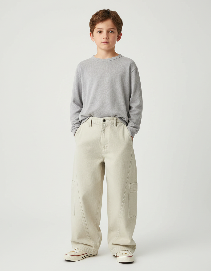 Pantalon Chino Beige Ample Décontracté Garçon - Coton