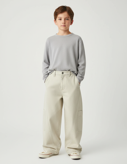 Pantalon Chino Beige Ample Décontracté Garçon - Coton