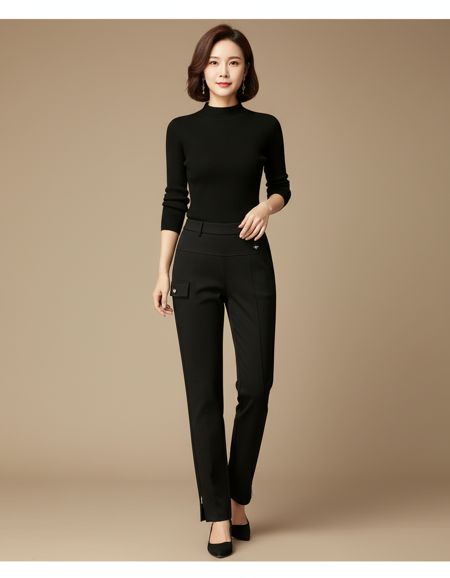 Pantalon Chino Noir Élastique Droit Élégant Femme - Gabardine