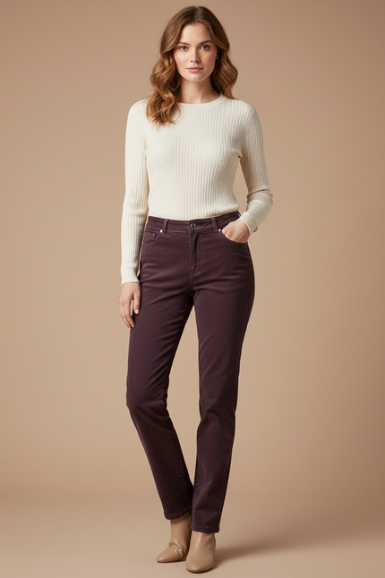 Pantalon Chino Violet Droit Côtelé Élégant Femme - Cordé