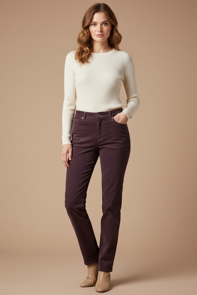 Pantalon Chino Violet Droit Côtelé Élégant Femme - Cordé