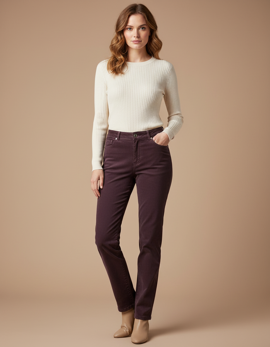 Pantalon Chino Violet Droit Côtelé Élégant Femme - Cordé