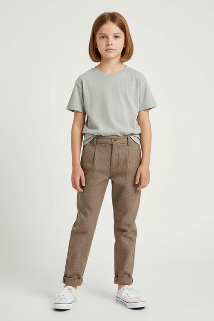 Pantalon Chino Marron Laine Plissé Enfant Décontracté - Tweed