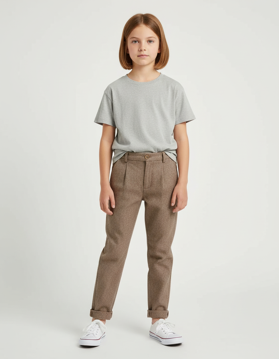 Pantalon Chino Marron Laine Plissé Enfant Décontracté - Tweed