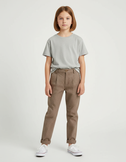 Pantalon Chino Marron Laine Plissé Enfant Décontracté - Tweed