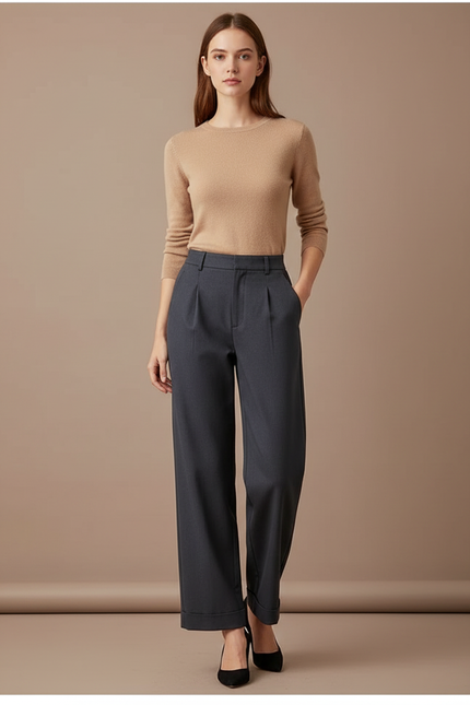 Pantalon Chino Gris Anthracite Plissé Ample Femme Chic - Gabardine