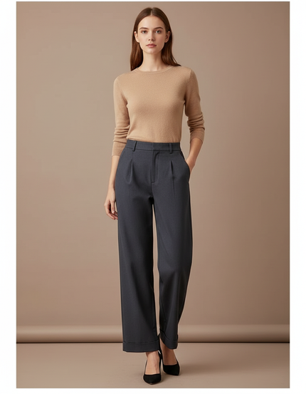 Pantalon Chino Gris Anthracite Plissé Ample Femme Chic - Gabardine