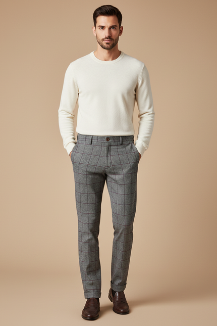 Pantalon Chino Gris Carreaux Laine Élégant Slim - Tweed