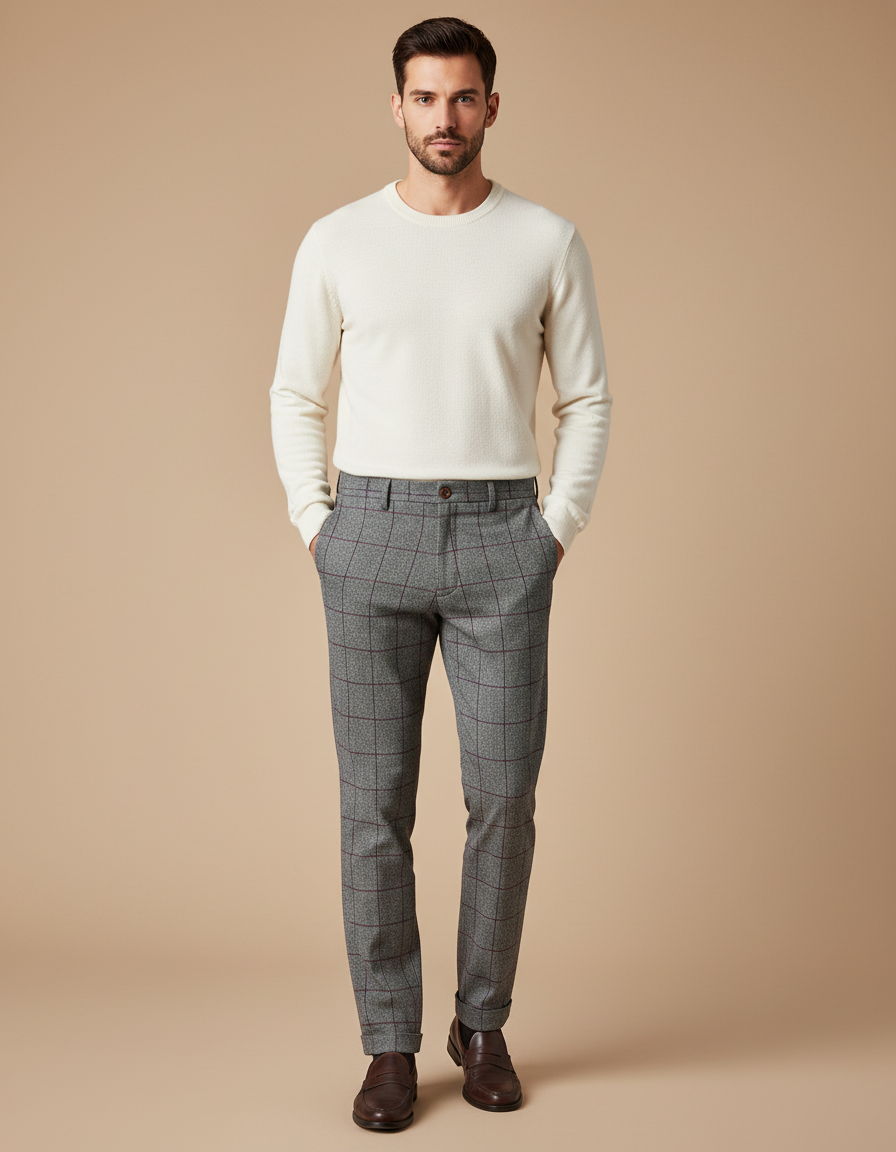 Pantalon Chino Gris Carreaux Laine Élégant Slim - Tweed
