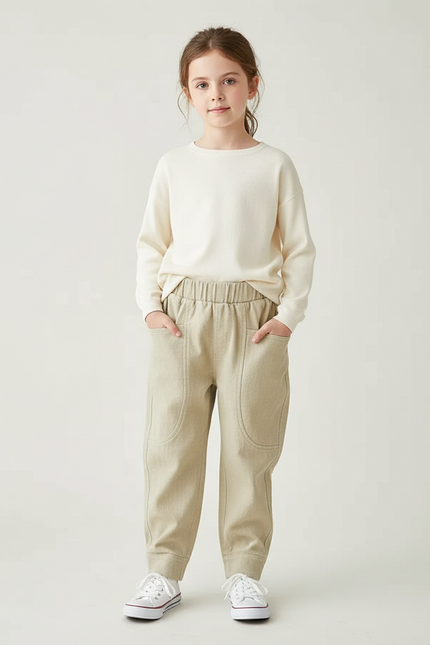 Pantalon Chino Fille Beige Tapered - Toile
