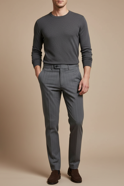 Pantalon Chino Gris Slim Rayé Élégant Homme - Laine