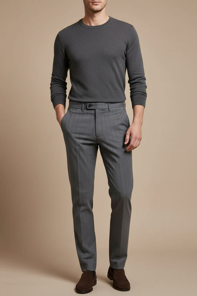 Pantalon Chino Gris Slim Rayé Élégant Homme - Laine