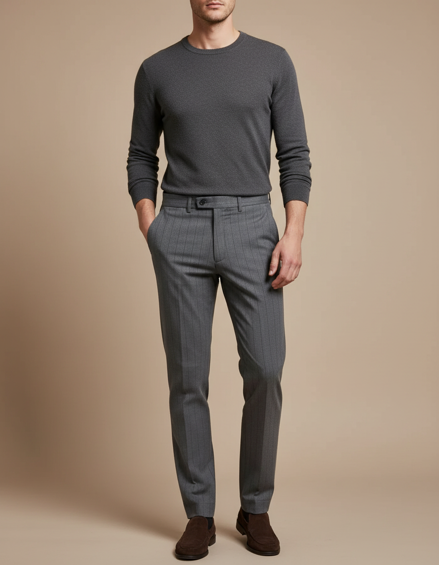 Pantalon Chino Gris Slim Rayé Élégant Homme - Laine