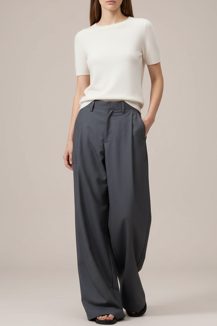Pantalon Chino Gris Plissé Ample Taille Haute - Gabardine