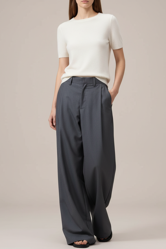 Pantalon Chino Gris Plissé Ample Taille Haute - Gabardine