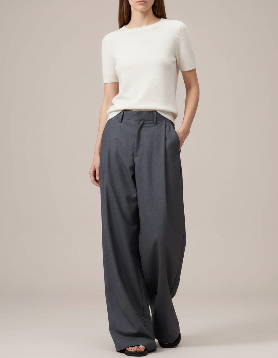 Pantalon Chino Gris Plissé Ample Taille Haute - Gabardine