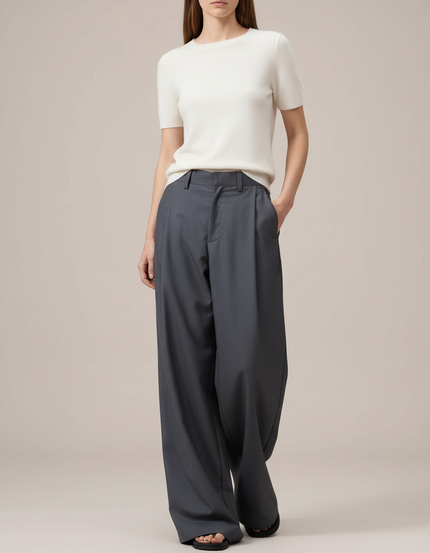 Pantalon Chino Gris Plissé Ample Taille Haute - Gabardine