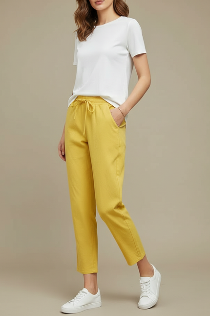 Pantalon Chino Jaune Coton Lin Décontracté Femme