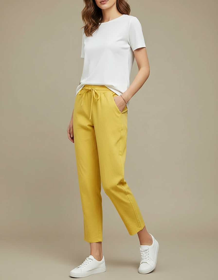 Pantalon Chino Jaune Coton Lin Décontracté Femme