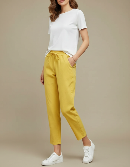 Pantalon Chino Jaune Coton Lin Décontracté Femme