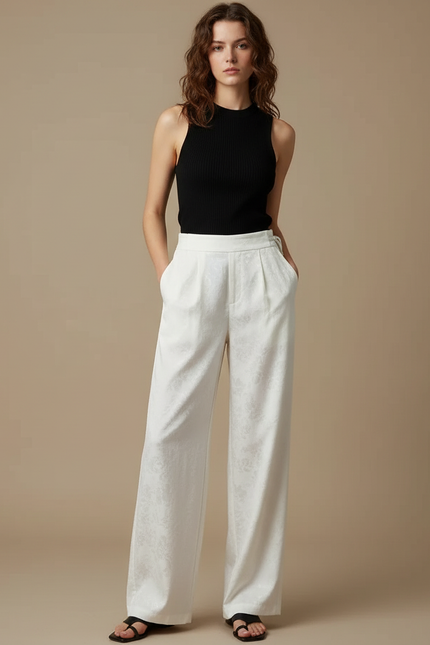 Pantalon Chino Blanc Satin Large Brodé Fluide