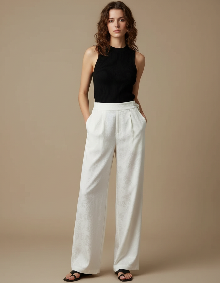 Pantalon Chino Blanc Satin Large Brodé Fluide