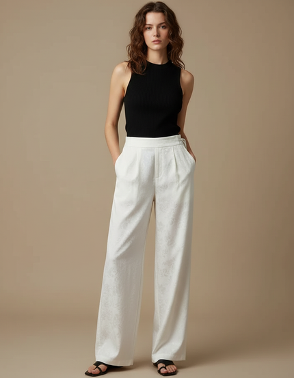 Pantalon Chino Blanc Satin Large Brodé Fluide