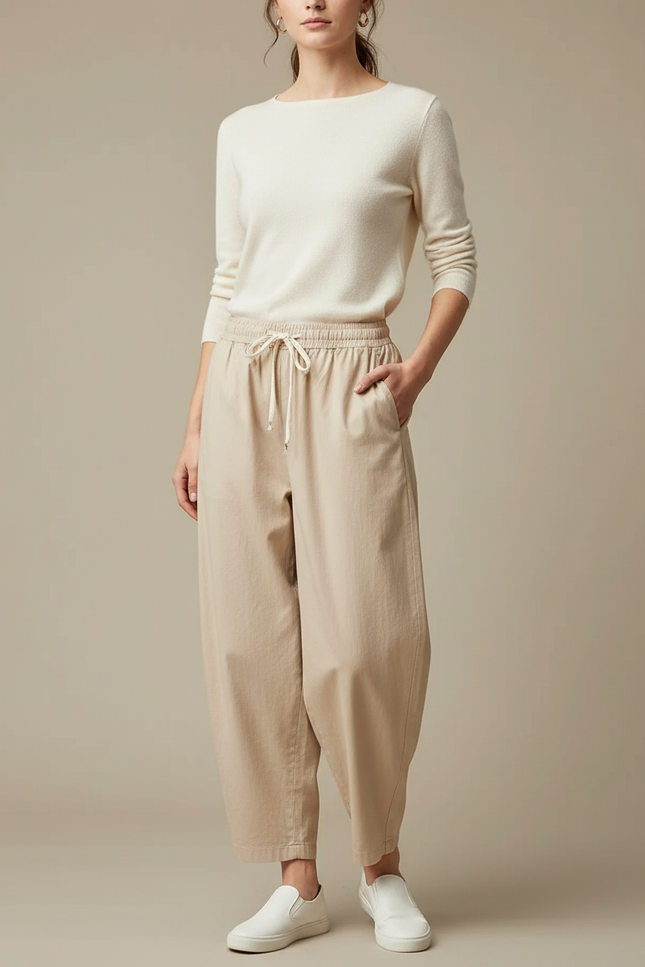 Pantalon Chino Beige Ample Cordon Fluide Femme - Coton