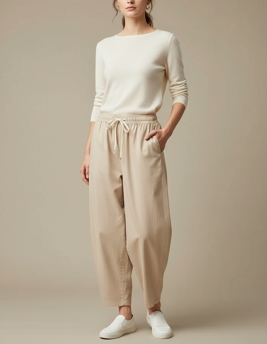 Pantalon Chino Beige Ample Cordon Fluide Femme - Coton