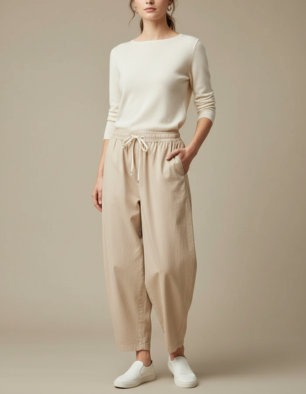 Pantalon Chino Beige Ample Cordon Fluide Femme - Coton