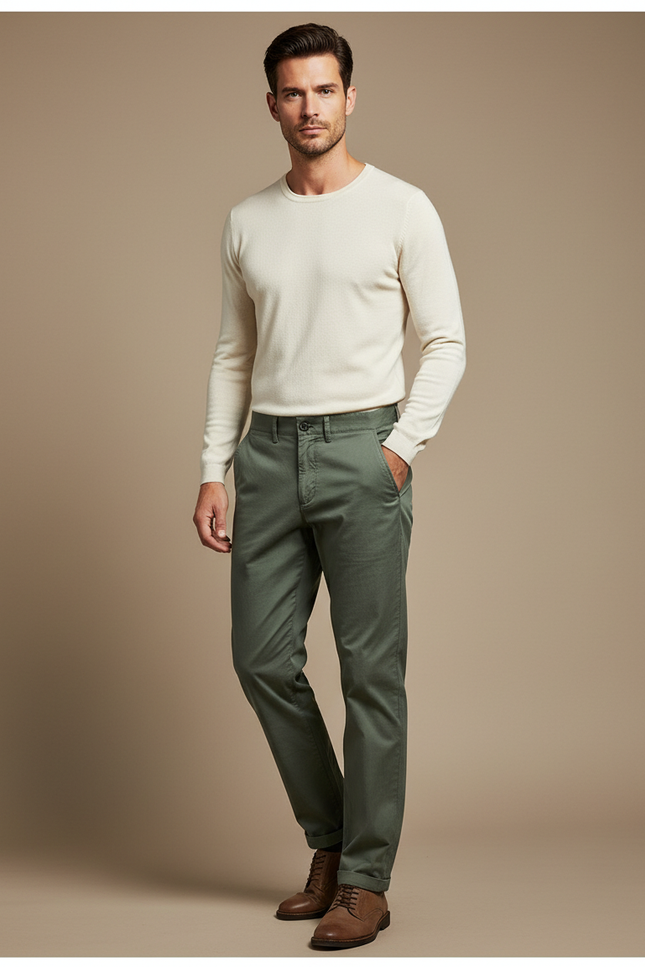 Pantalon Chino Vert Olive Coton Slim Homme - Kaki