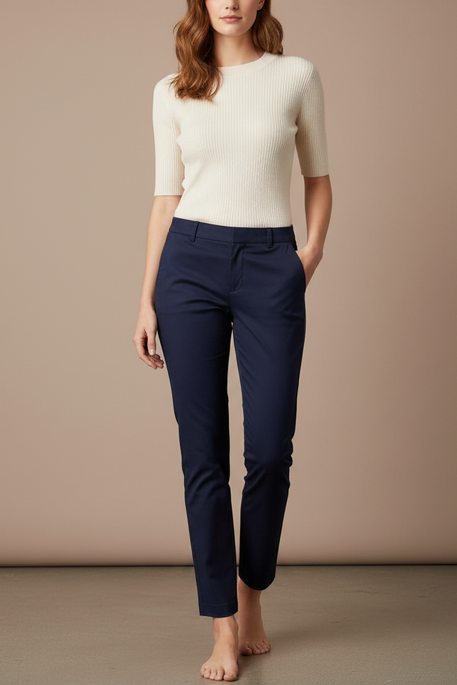 Pantalon Chino Bleu Marine Slim Ajusté Femme Élégant - Gabardine