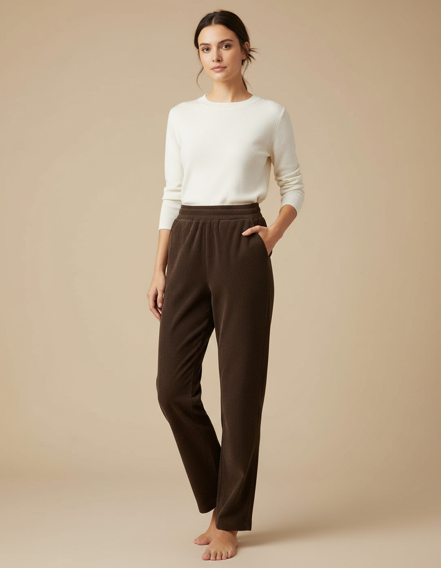 Pantalon Chino Marron Côtelé Droit Confortable Femme - Cordé