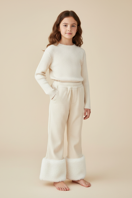 Pantalon Chino Évasé Doux Beige Fille Hiver - Cordé