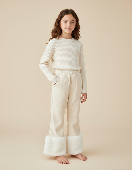 Pantalon Chino Évasé Doux Beige Fille Hiver - Cordé